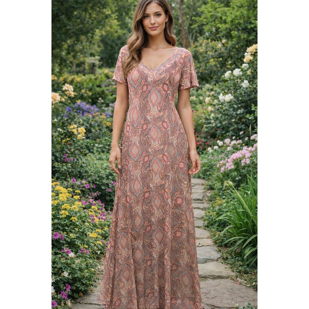 LETARTE Boho Paisley Maxi Dress Size Small Pink Resort V-neck Beach Flowy -2855